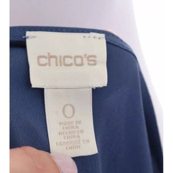 Chico’s 0 Sz S Chiffon Cold Shoulder Button Down Shirt Tunic Blouse Blue Women 4 - Picture 8 of 11